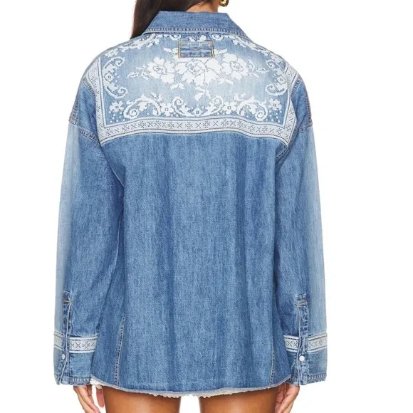NWT FREE PEOPLE Lace Embroidered Denim Shirt size Medium - Picture 6 of 7